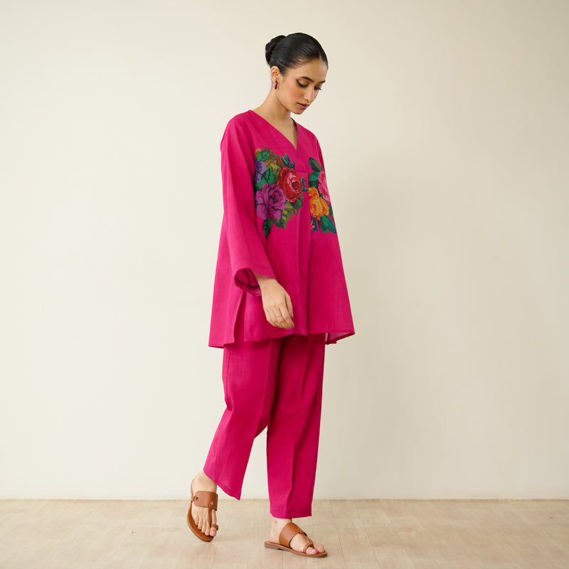 Stitch Rose Pure Slub Cotton Co-ord Set - Fuschia