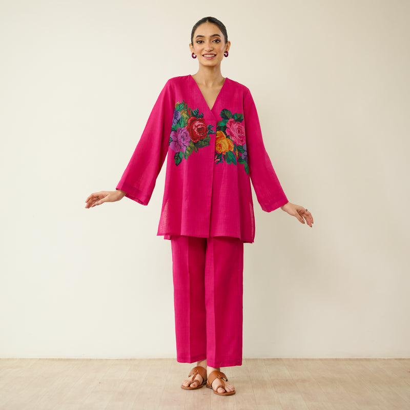 Stitch Rose Pure Slub Cotton Co-ord Set - Fuschia