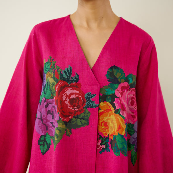 Stitch Rose Pure Slub Cotton Co-ord Set - Fuschia