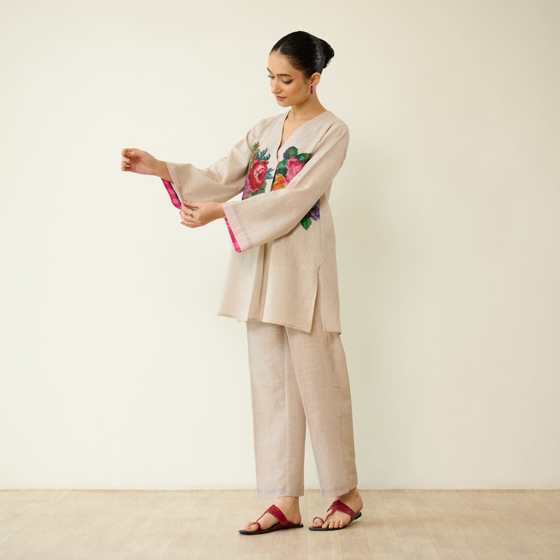 Stitch Rose Pure Slub Cotton Co-ord Set - Off White