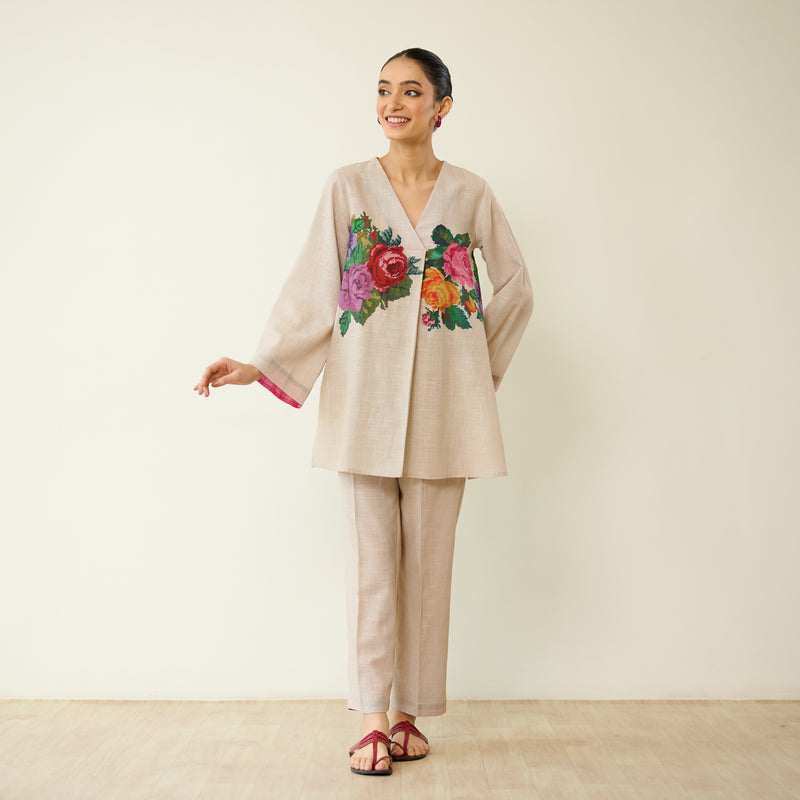 Stitch Rose Pure Slub Cotton Co-ord Set - Off White