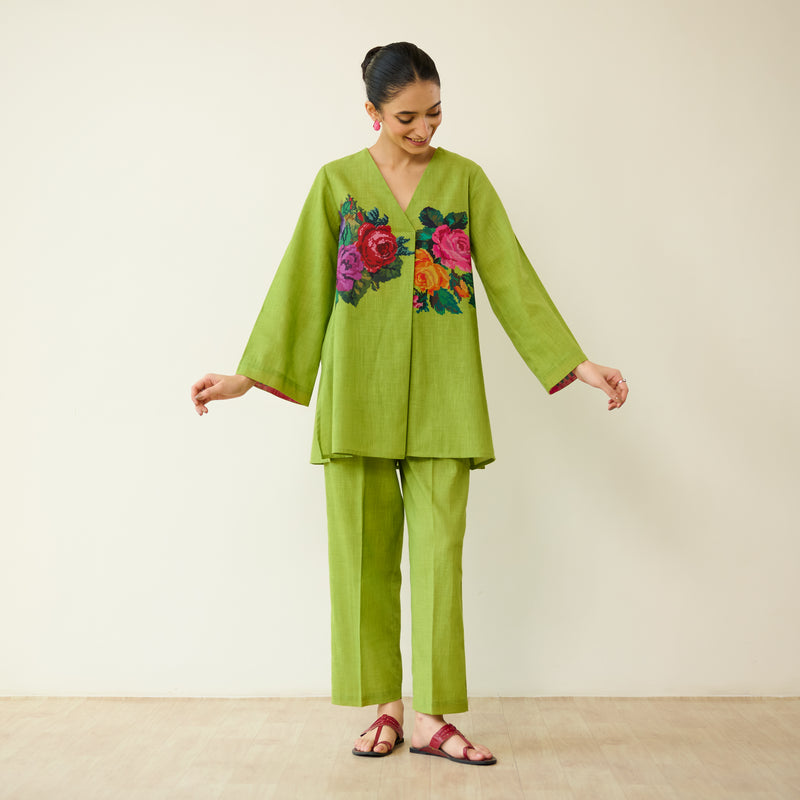 Stitch Rose Pure Slub Cotton Co-ord Set - Olive