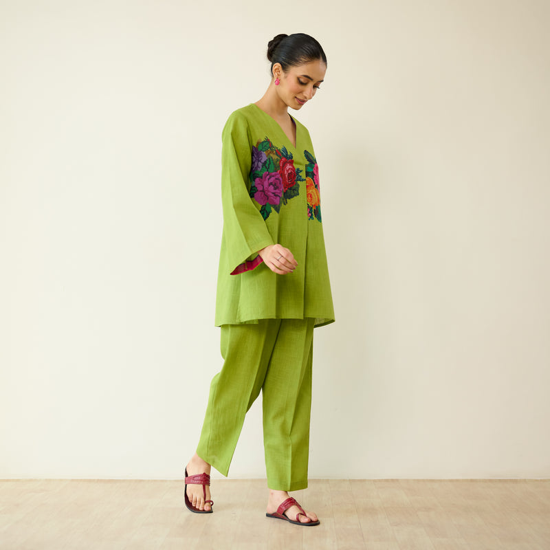 Stitch Rose Pure Slub Cotton Co-ord Set - Olive