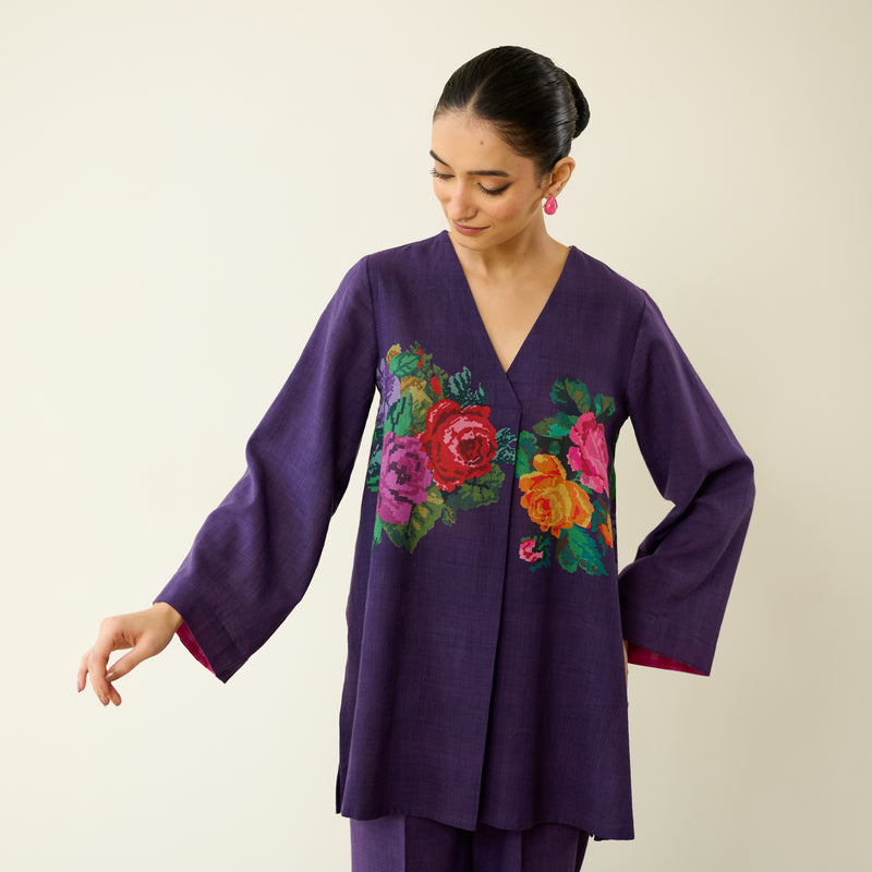 Stitch Rose Pure Slub Cotton Co-ord Set - Violet