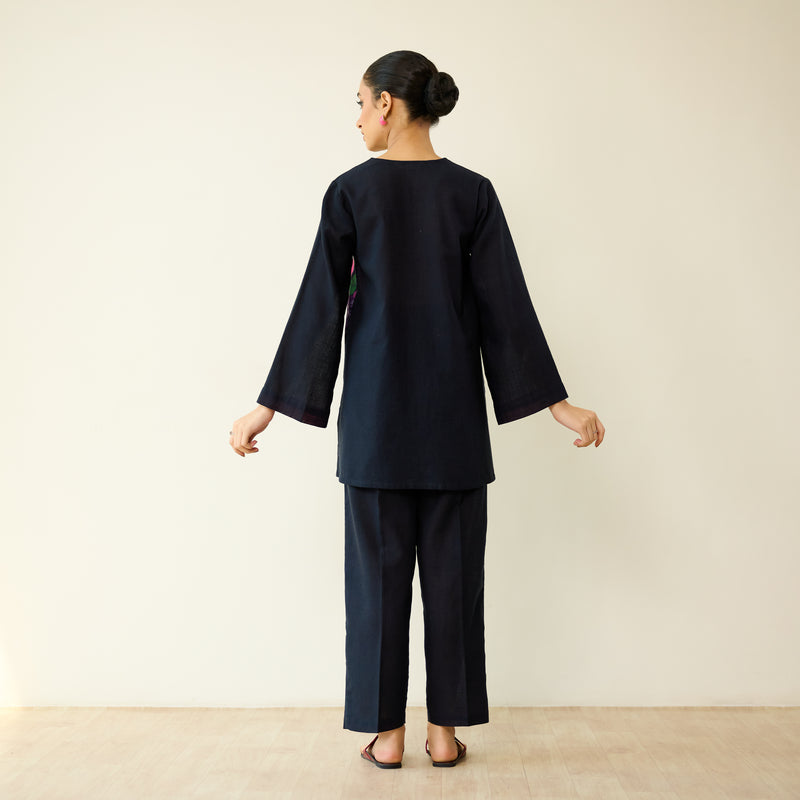 Stitch Rose Pure Slub Cotton Co-ord Set - Black