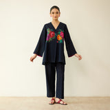 Stitch Rose Pure Slub Cotton Co-ord Set - Black