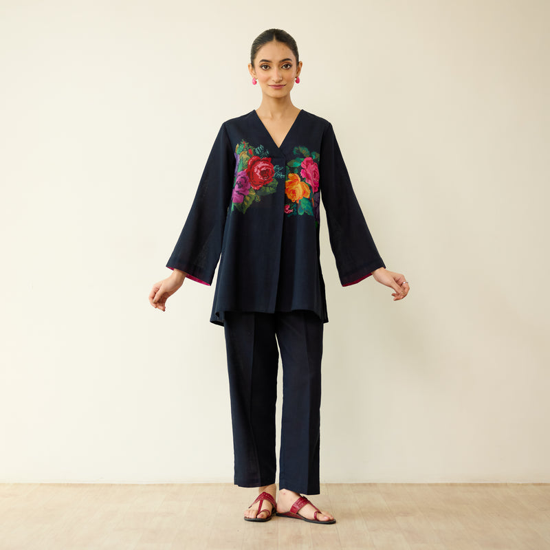 Stitch Rose Pure Slub Cotton Co-ord Set - Black