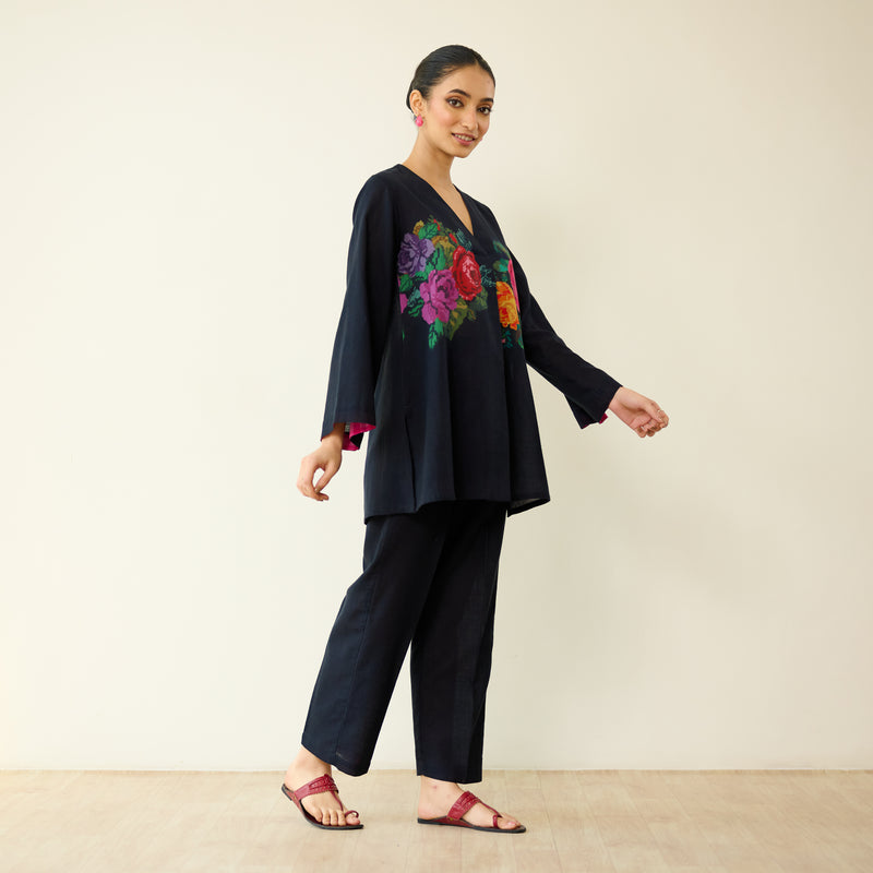 Stitch Rose Pure Slub Cotton Co-ord Set - Black