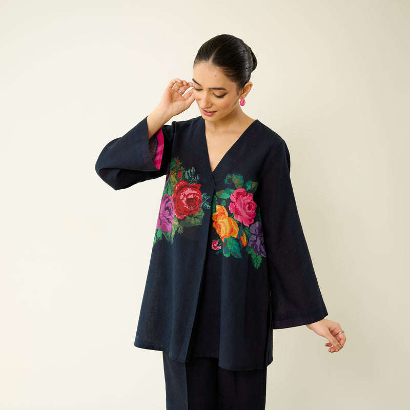 Stitch Rose Pure Slub Cotton Co-ord Set - Black