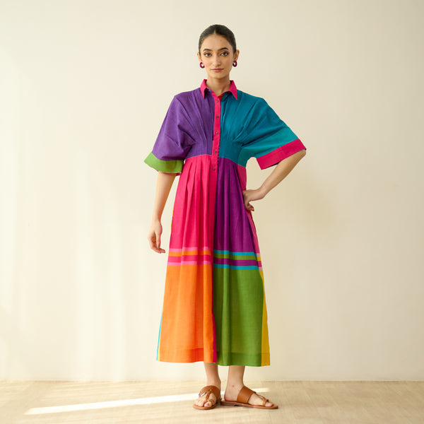 Pop Checks Pure Slub Cotton Dress - Multicolour