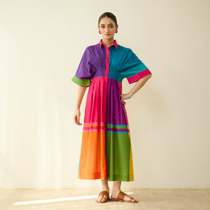 Pop Checks Pure Slub Cotton Dress - Multicolour