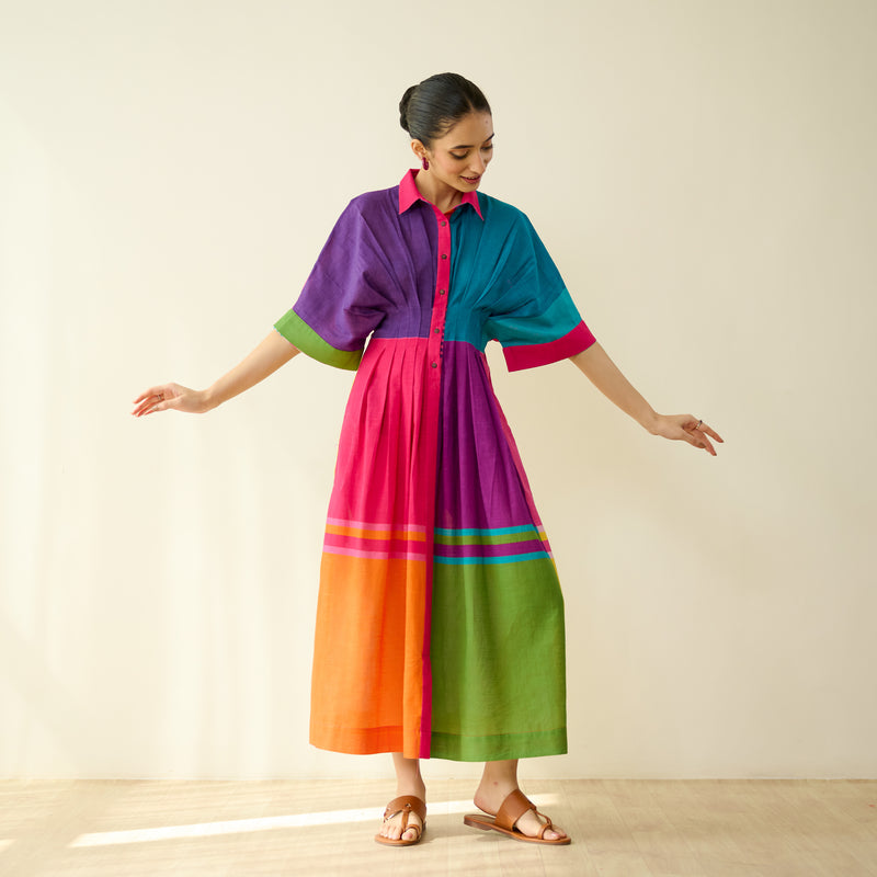 Pop Checks Pure Slub Cotton Dress - Multicolour