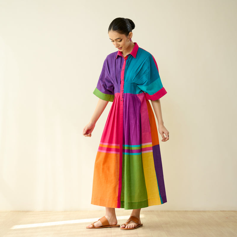 Pop Checks Pure Slub Cotton Dress - Multicolour