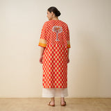 Palm Paradise Fine Slub Cotton Kurta - Tomato Red