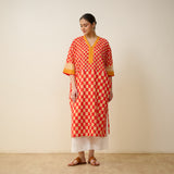 Palm Paradise Fine Slub Cotton Kurta - Tomato Red