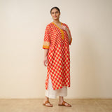 Palm Paradise Fine Slub Cotton Kurta - Tomato Red