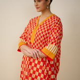 Palm Paradise Fine Slub Cotton Kurta - Tomato Red