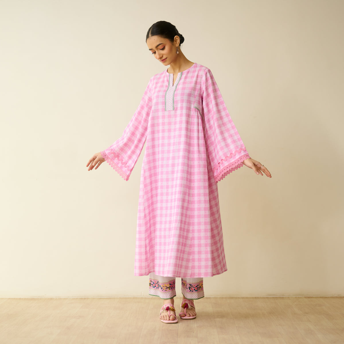 Countryside Seersucker Cotton Kurta Set - Baby Pink