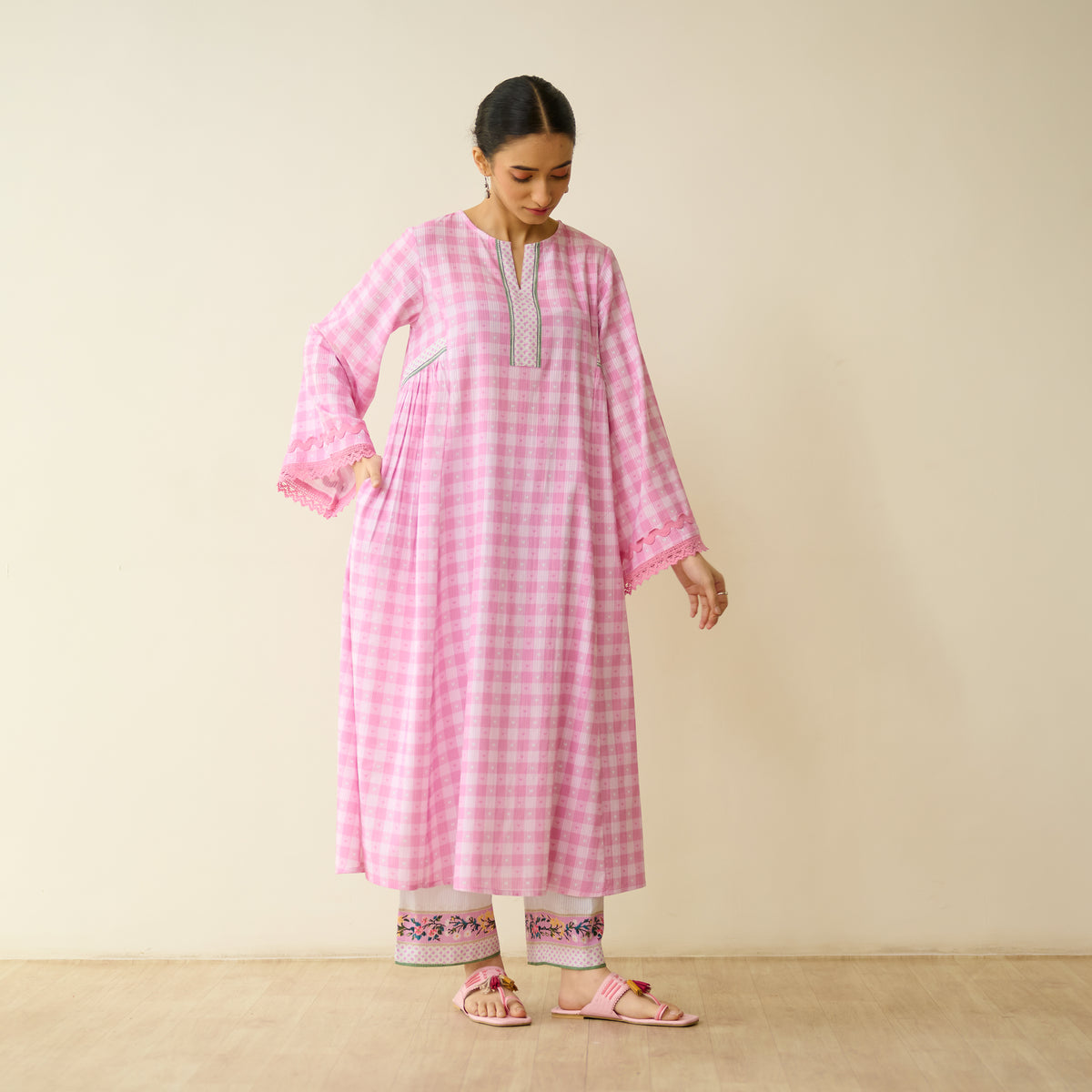 Countryside Seersucker Cotton Kurta Set - Baby Pink