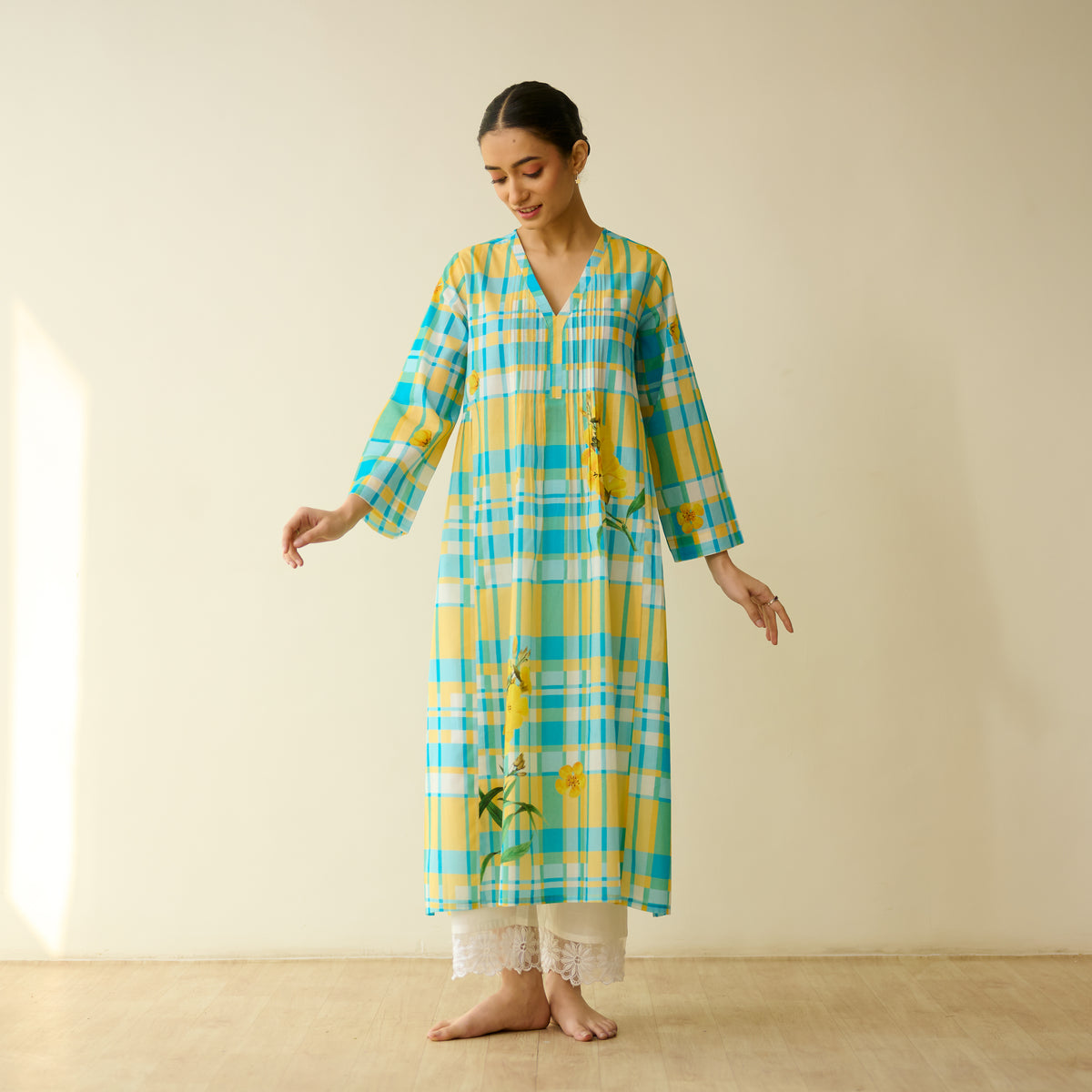 Daffodil Mulmul Cotton Kurta - Blue and Yellow