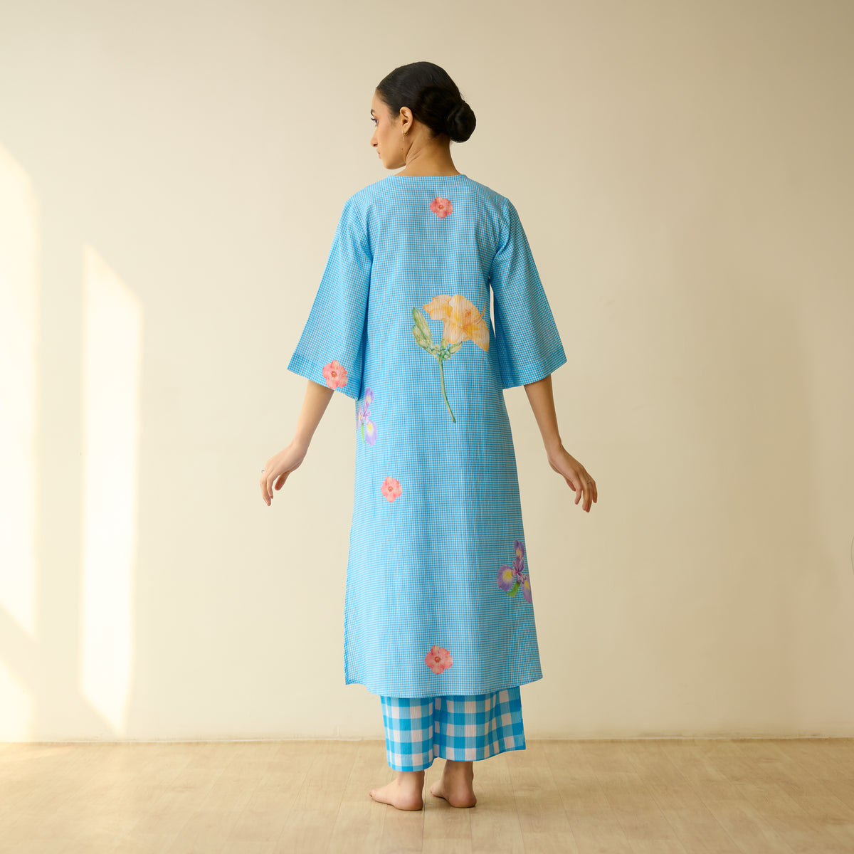 Handpicked Floral Seersucker Cotton Kurta Set - Sky Blue