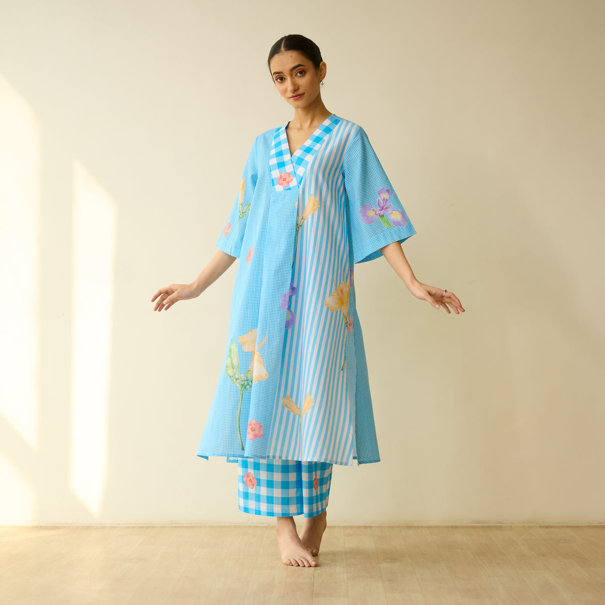Handpicked Floral Seersucker Cotton Kurta Set - Sky Blue