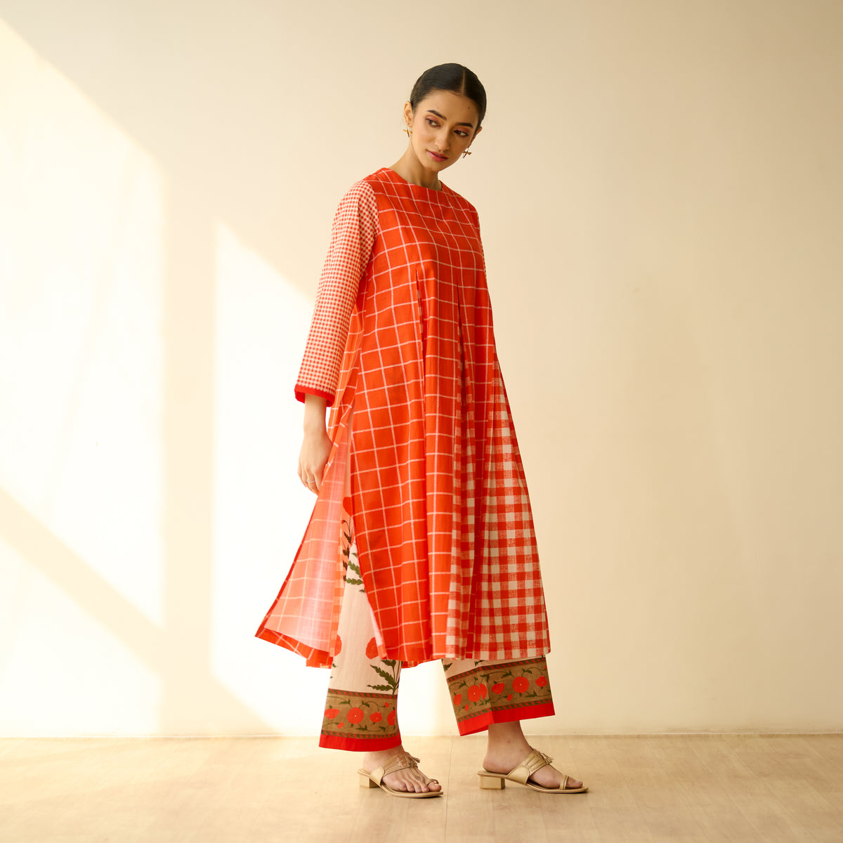 Pattern Play Fine Slub Cotton Kurta Set - Tangerine