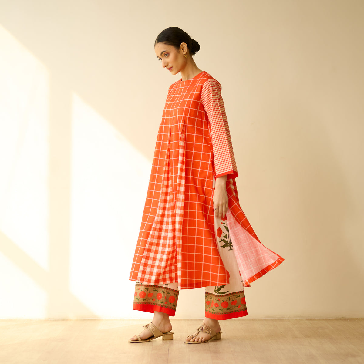 Pattern Play Fine Slub Cotton Kurta Set - Tangerine