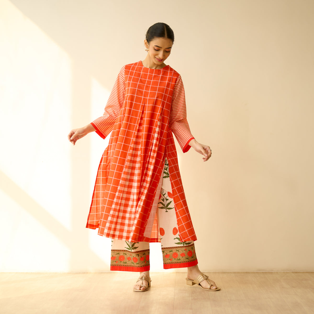 Pattern Play Fine Slub Cotton Kurta Set - Tangerine