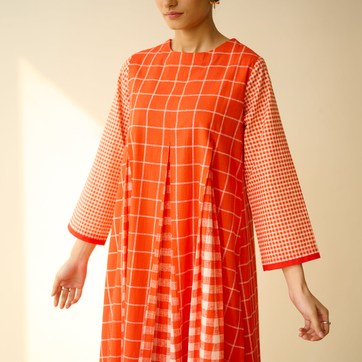 Pattern Play Fine Slub Cotton Kurta Set - Tangerine