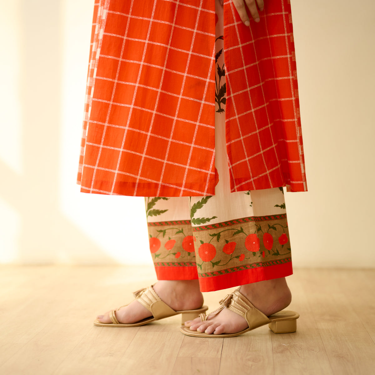 Pattern Play Fine Slub Cotton Kurta Set - Tangerine