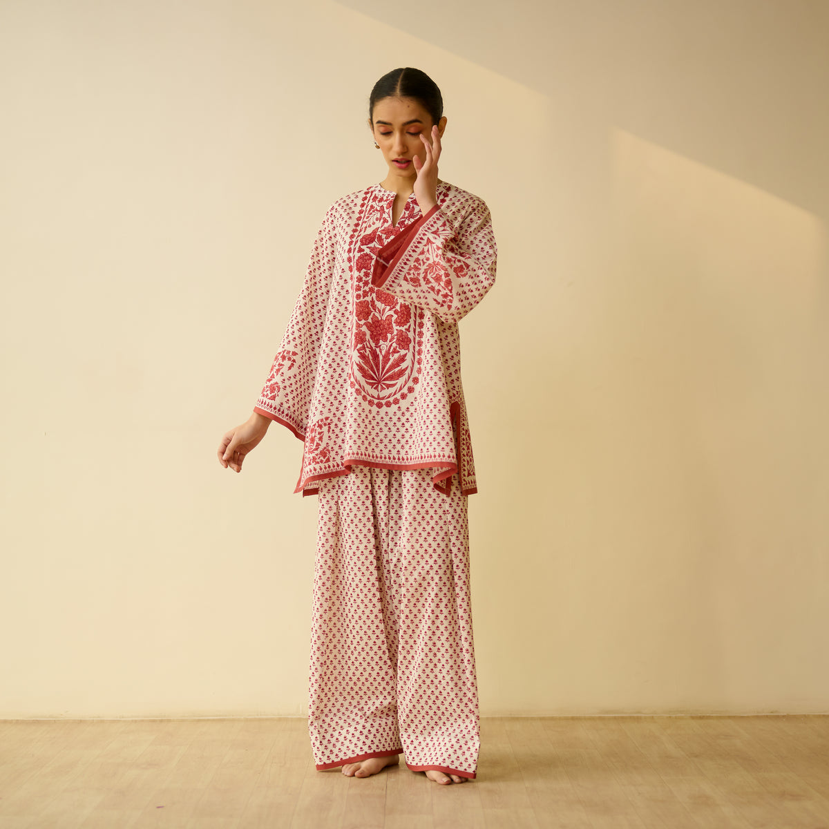 Smriti Bagh Mulmul Cotton Farsi Set - Brick Red