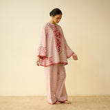 Smriti Bagh Mulmul Cotton Farsi Set - Brick Red