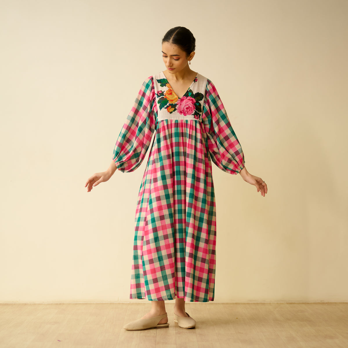 Folk Song Fine Slub Cotton Dress - Pink and Green