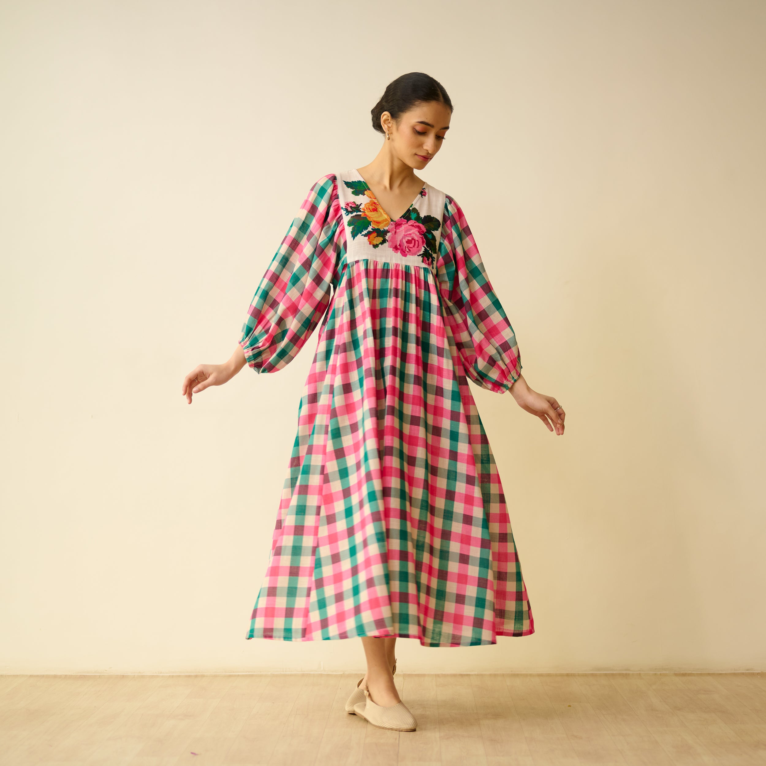 Buy Folk Song Fine Slub Cotton Dress - Pink and Green | Rustorange Buy Folk Song Fine Slub Cotton Dress - Pink and Green | Rustorange