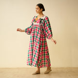 Folk Song Fine Slub Cotton Dress - Pink and Green