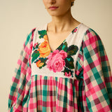 Folk Song Fine Slub Cotton Dress - Pink and Green