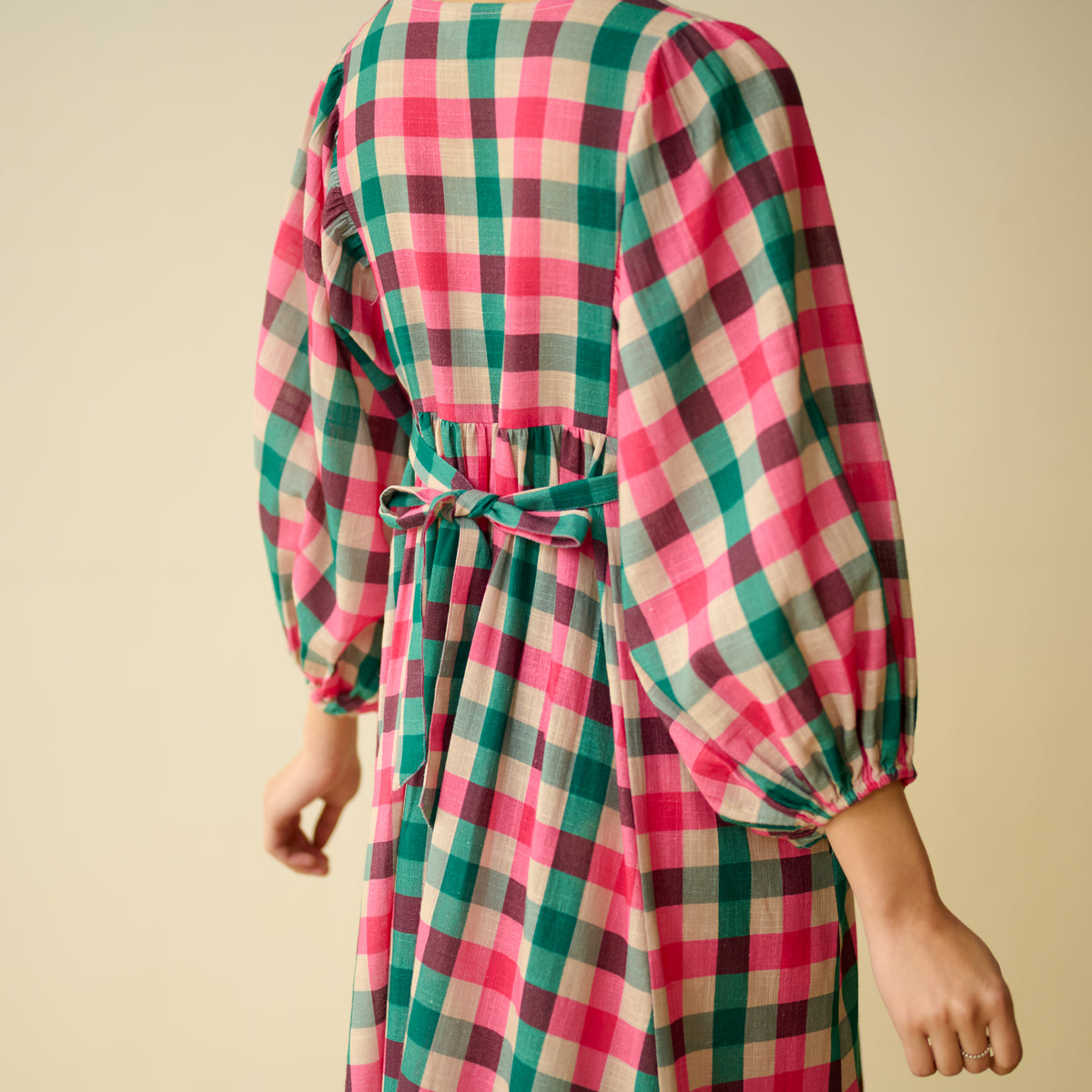 Folk Song Fine Slub Cotton Dress - Pink and Green
