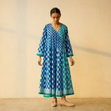 Checkered Overlap Mulmul Cotton Dress - Firozi & Aasmaani Blue