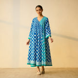 Checkered Overlap Mulmul Cotton Dress - Firozi & Aasmaani Blue