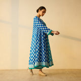Checkered Overlap Mulmul Cotton Dress - Firozi & Aasmaani Blue