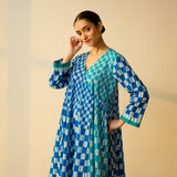 Checkered Overlap Mulmul Cotton Dress - Firozi & Aasmaani Blue