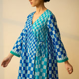 Checkered Overlap Mulmul Cotton Dress - Firozi & Aasmaani Blue