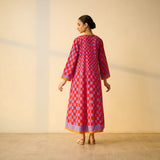 Checkered Overlap Mulmul Cotton Dress - Red & Purple