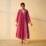 Checkered Overlap Mulmul Cotton Dress - Red & Purple