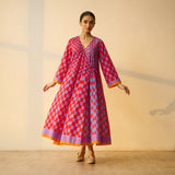 Checkered Overlap Mulmul Cotton Dress - Red & Purple