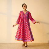 Checkered Overlap Mulmul Cotton Dress - Red & Purple