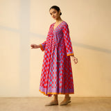 Checkered Overlap Mulmul Cotton Dress - Red & Purple