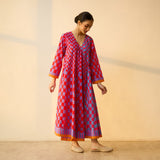 Checkered Overlap Mulmul Cotton Dress - Red & Purple