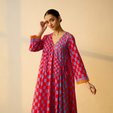 Checkered Overlap Mulmul Cotton Dress - Red & Purple